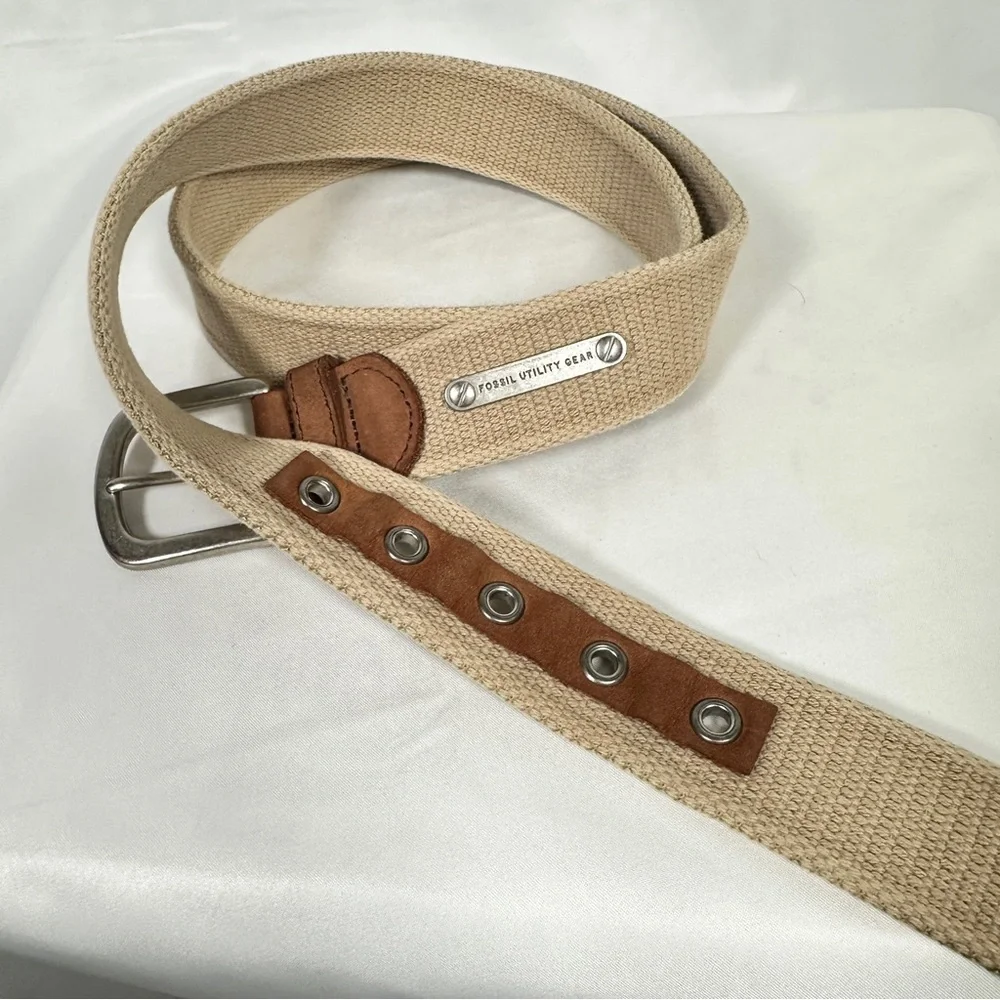 Fossil Utility Gear Khaki Canvas Web Belt with Cognac Leather Trim size 38